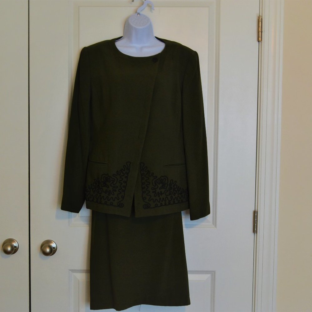 2 Piece Olive Green Rafael Suit, Size 14